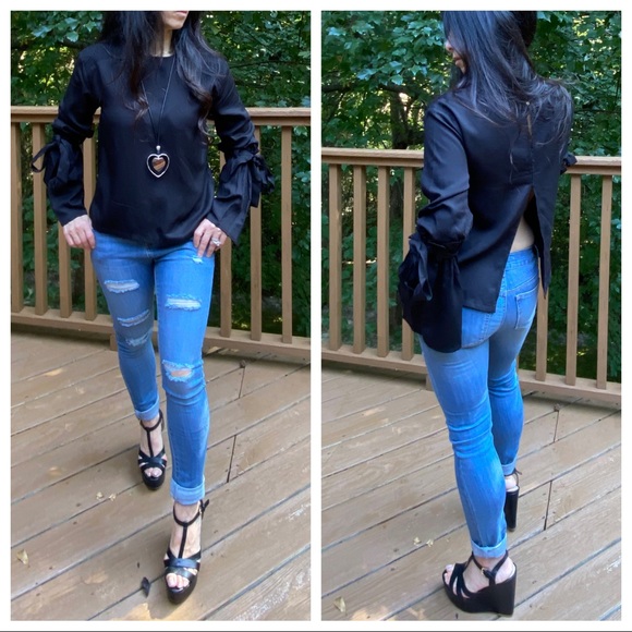ShopEvelynne Tops - Black chic tie sleeves with split back Top